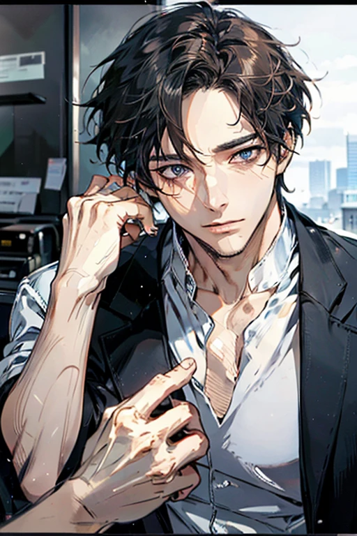 (Best Quality,4k,8k,high resolution,Masterpiece:1.2),ultra detailed,(realist,photorealist,photo-realist:1.37),1 man,31 years,mature man,very handsome,without expresion,muscled body,short gray black hair,Blue eyes,glare,perfect face without mistakes,imposing posture,businessman,office background,cinematic lighting,imagen HDR