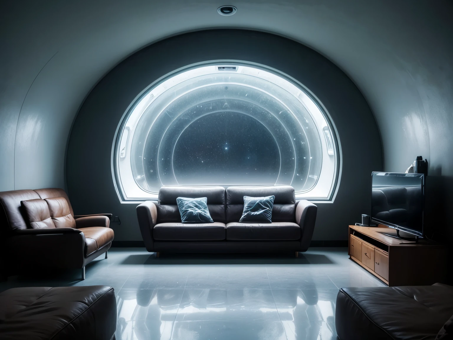 an oval shaped room inside a spaceship in deep space, Inside this room there is a glass window that allows you to see what is outside, stars and everything... in the opposite direction to this window, against the wall there is a very comfortable sofa bed and to the right and left of this sofa there are two doors that are part of the living room.