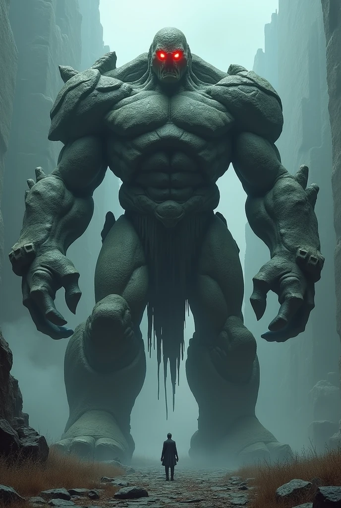 a giant stone golem, extremely detailed, photorealistic, dramatic lighting, (best quality, 4k, 8k, highres, masterpiece:1.2), ultra-detailed, (realistic, photorealistic, photo-realistic:1.37), HDR, UHD, studio lighting, extremely muscular body, towering over a small human, terrifying expression, glowing red eyes, craggy stone texture, massive clawed hands reaching down, cinematic angle, epic fantasy, moody lighting, dramatic shadows