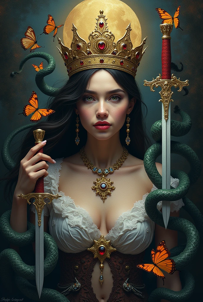 Make a fantasy book cover with daggers on it, crowns, butterflies, Snakes . where both love and chaos are represented and which I have as my title THE DIARY OF A BROKEN QUEEN