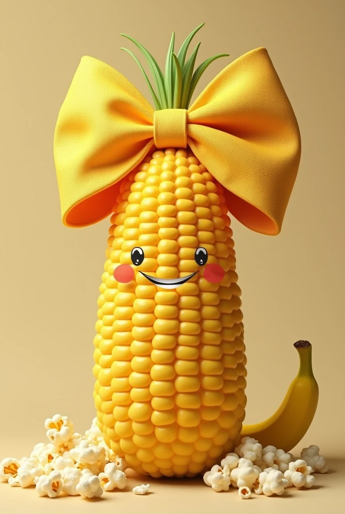 Corn with a big bow on its head, popcorn and banana 