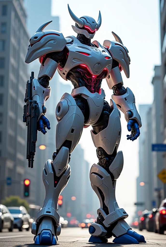 masterpiece, best quality, san francisco, Stand in the city、 Hyperdimensional、Fluorescent filament、Beast Design、(Translucent armor, Visible internal mechanism):1.2、(White transparent base, Navy blue joints, Red internal mechanism)、(Chest wave gun、Shoulder beam launcher)、