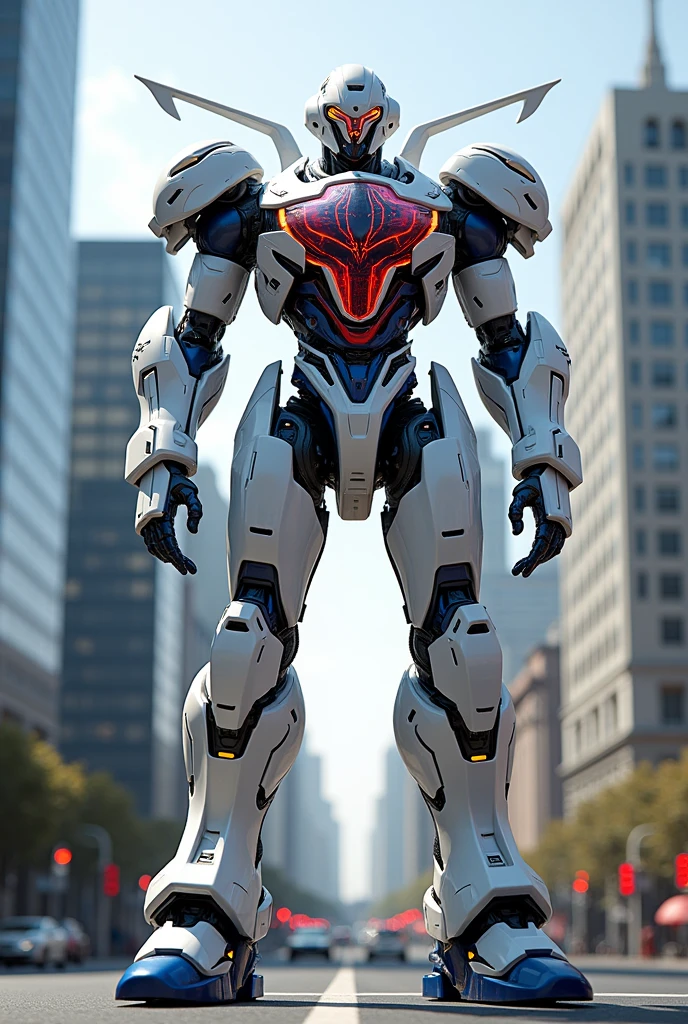 masterpiece, best quality, san francisco, Stand in the city、 Hyperdimensional、Fluorescent filament、Beast Design、(Translucent armor, Visible internal mechanism):1.2、(White transparent base, Navy blue joints, Red internal mechanism)、(Chest wave gun、Shoulder beam launcher)、