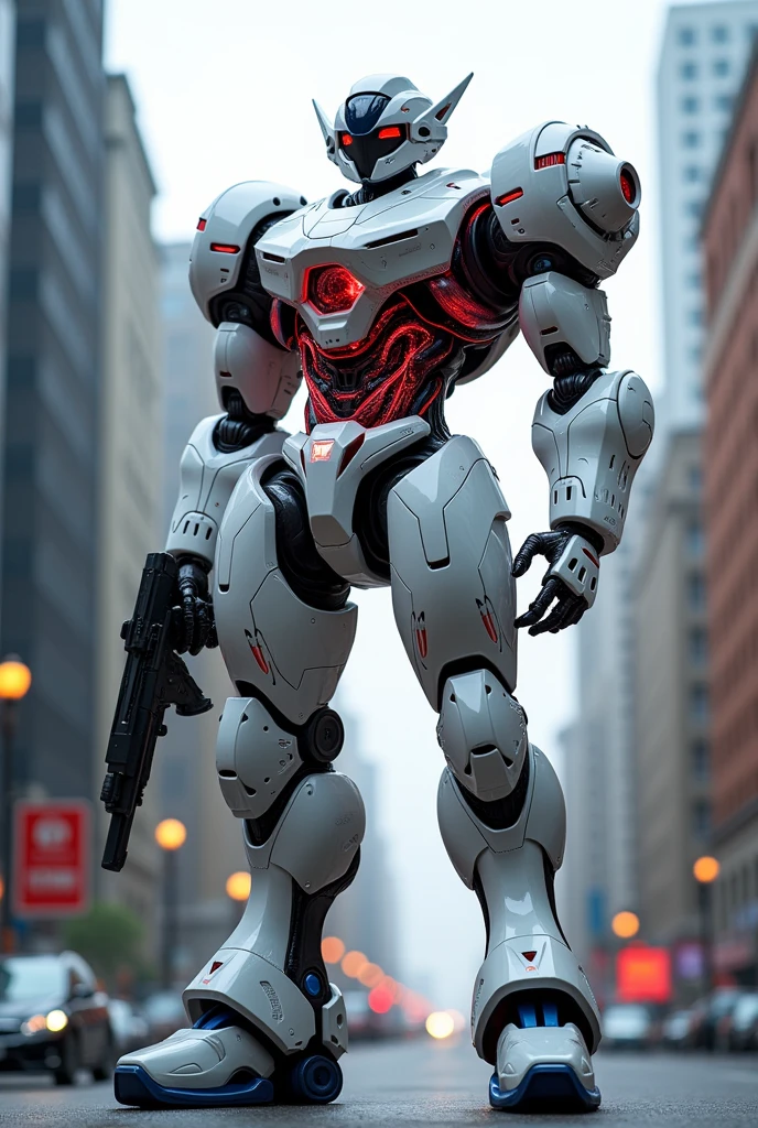 masterpiece, best quality, san francisco, Stand in the city、 Hyperdimensional、Fluorescent filament、Beast Design、(Translucent armor, Visible internal mechanism):1.2、(White transparent base, Navy blue joints, Red internal mechanism)、(Chest wave gun、Shoulder beam launcher)、