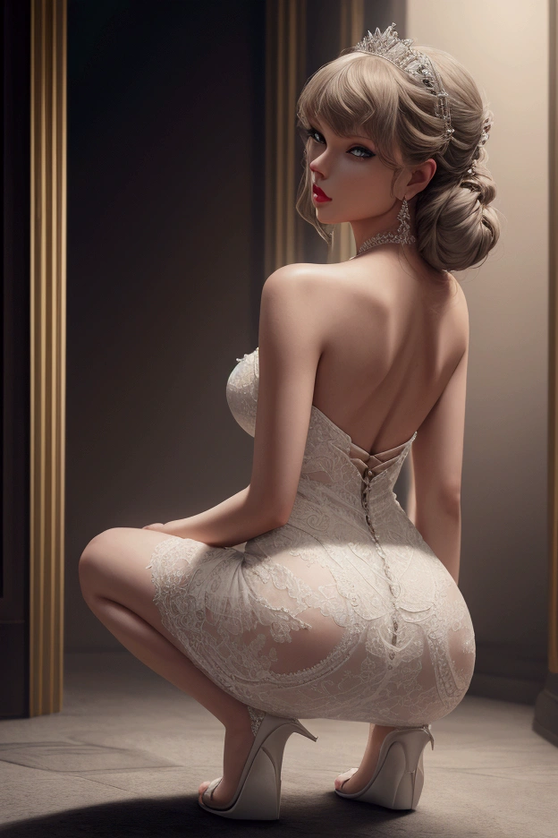 Taylor Swift from the back squating showing her ass like a bitch, beautiful detailed eyes, beautiful detailed lips, extremely detailed face, longeyelashes, wearing a white dress, squatting with open legs, photorealistic, high quality, 8k, best quality, masterpiece, realistic, physically-based rendering, extremely detailed, vivid colors, beautiful lighting, cinematic, dramatic, fantasy, elegant, sensual, erotic