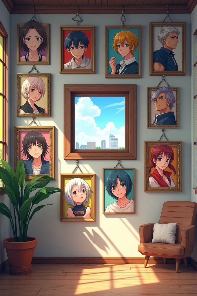 A wall with famous anime character frame and a small window in centre