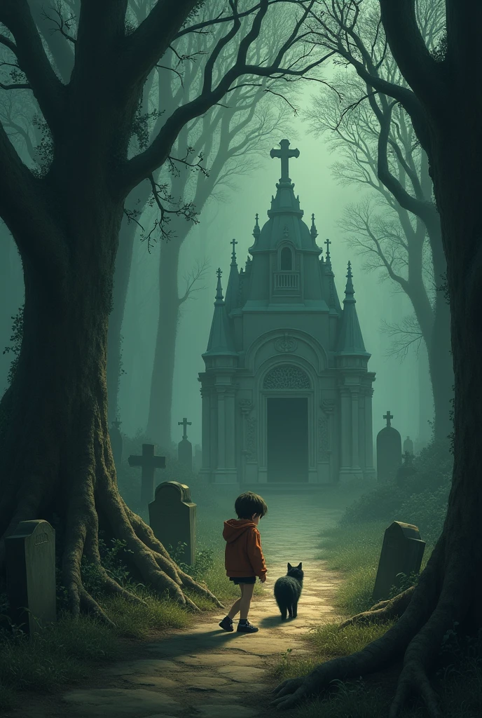 ’s Discovery: A curious child spotting Miaow heading towards the old cemetery.