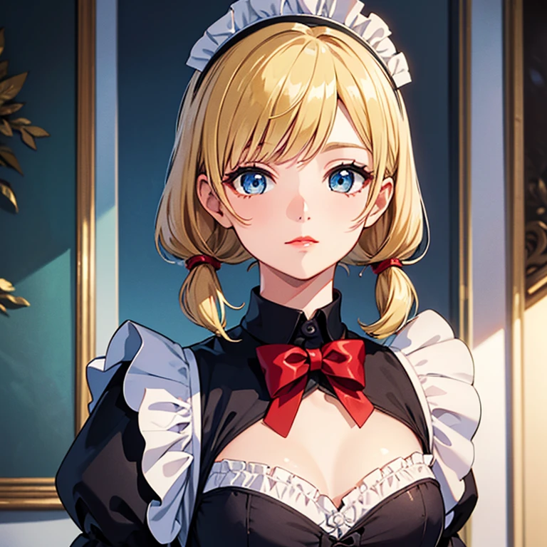 (masterpiece:1.4),, (best quality:1.4),, ultra high resolution,, 8k, CG,, (very delicate and beautiful:1.2),, , looking at viewer,, , 1 woman,, alone,, Mature girl,, , cute, (Short blonde twintail hair,, blue eyes,, closed mouth,, red lips)At the mansion,, (Maid Dress,, whole body,, medium chest)