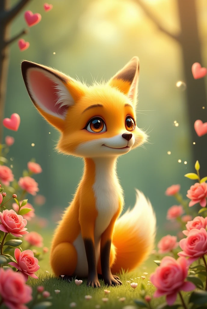 A yellow female fox who wants to fall in love,Stand up,Pictures of love popping up in my head,Cute realistic style,Surrounded by love,Background forest garden