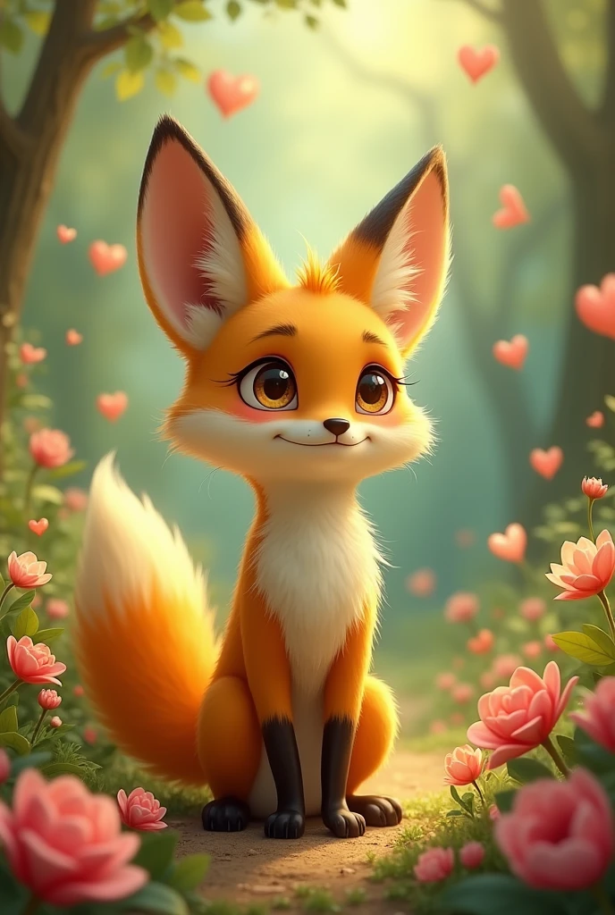 A yellow female fox who wants to fall in love,Stand up,Pictures of love popping up in my head,Cute realistic style,Surrounded by love,Background forest garden