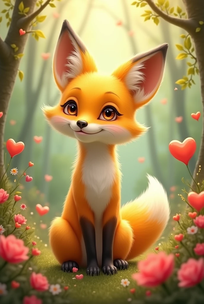 A yellow female fox who wants to fall in love,Stand up,Pictures of love popping up in my head,Cute realistic style,Surrounded by love,Background forest garden
