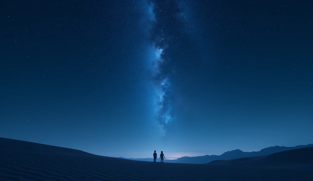 Imagine a clear night sky over a vast desert. The scene is set in a quiet, remote area with no light pollution, allowing the stars to shine brightly. The sky is a deep, velvety blue, dotted with countless twinkling stars that seem close enough to touch. The Milky Way stretches across the sky like a luminous ribbon, adding a mystical feel to the scene. The horizon is barely visible, with the desert landscape blending into the darkness, creating a sense of endless space. The atmosphere is calm and serene, with the silence of the night broken only by the occasional gentle breeze. The overall image exudes a sense of wonder and peace, capturing the vastness and beauty of the night with two person