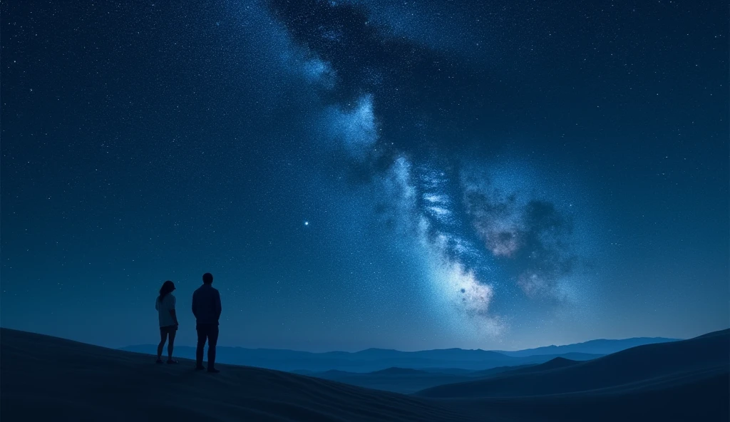 Imagine a clear night sky over a vast desert. The scene is set in a quiet, remote area with no light pollution, allowing the stars to shine brightly. The sky is a deep, velvety blue, dotted with countless twinkling stars that seem close enough to touch. The Milky Way stretches across the sky like a luminous ribbon, adding a mystical feel to the scene. The horizon is barely visible, with the desert landscape blending into the darkness, creating a sense of endless space. The atmosphere is calm and serene, with the silence of the night broken only by the occasional gentle breeze. The overall image exudes a sense of wonder and peace, capturing the vastness and beauty of the night with two person