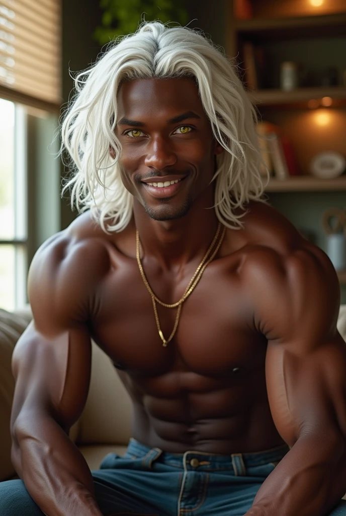 Attractive 26 year old man with athletic body, black skin, Waist-length white hair, yellow eyes dressed in comfortable clothes and a warm smile