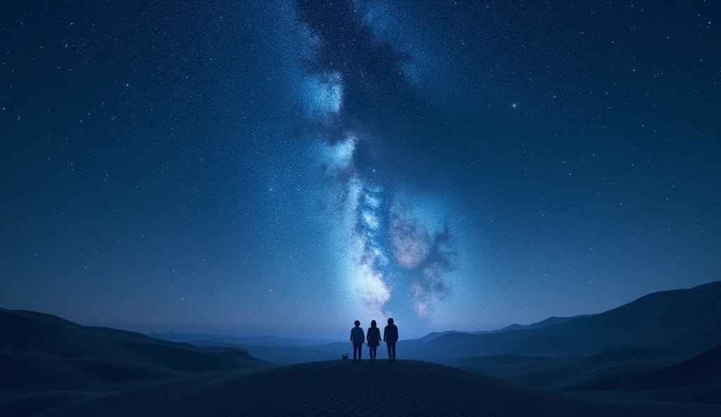 Imagine a clear night sky over a vast desert. The scene is set in a quiet, remote area with no light pollution, allowing the stars to shine brightly. The sky is a deep, velvety blue, dotted with countless twinkling stars that seem close enough to touch. The Milky Way stretches across the sky like a luminous ribbon, adding a mystical feel to the scene. The horizon is barely visible, with the desert landscape blending into the darkness, creating a sense of endless space. The atmosphere is calm and serene, with the silence of the night broken only by the occasional gentle breeze. The overall image exudes a sense of wonder and peace, capturing the vastness and beauty of the night with tree person