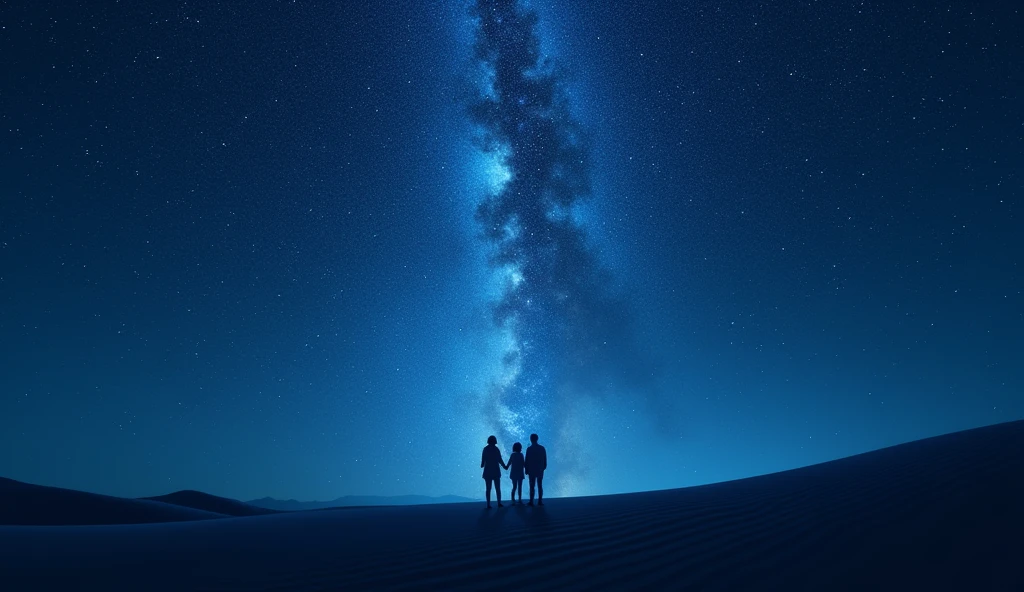 Imagine a clear ht sky over a vast desert. The scene is set in a quiet, remote area with no light pollution, allowing the stars to shine brightly. The sky is a deep, velvety blue, dotted with countless twig stars that seem close enough to touch. The Milky Way stretches across the sky like a luminous ribbon, adding a mystical feel to the scene. The horizon is barely visible, with the desert landscape blending into the darkness, creating a sense of endless space. The atmosphere is calm and serene, with the silence of the night brn only by the occasional gentle breeze. The overall image exudes a sense of wonder and peace, capturing the vastness and beauty of the night with e person