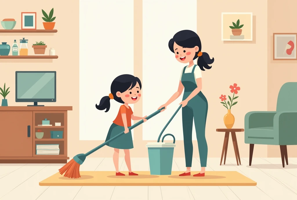 a cartoon image of a mother and daughter cleaning the floor with a mop and,a cartoon, cute cartoon, cute cartoon style, motherly, cute illustration, clean anime art, ghailan!