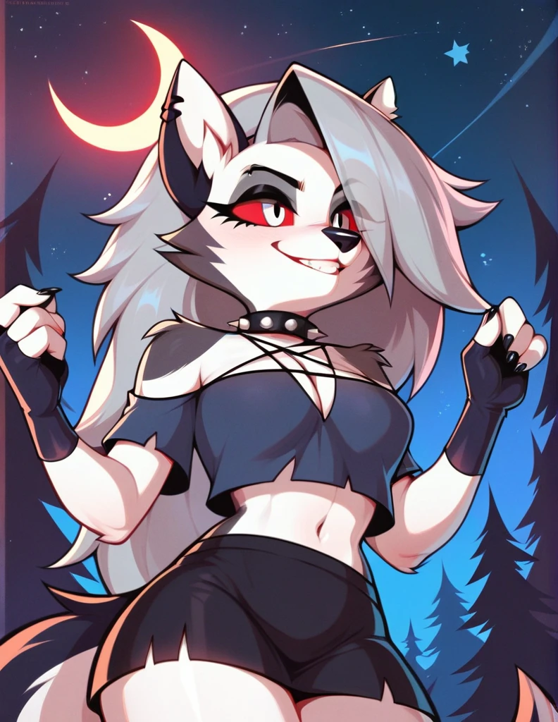 score_9_up, score_8_up, score_7_up, score_6_up, loona(jizokumode), hellhound, red sclera, loona (helluva boss), fingerless gloves, excited, blep, forest, night, stars, crescent moon, solo, forced smile, 4 fingers, inverted pentagram, low camera angle (looking up skirt,1.8)