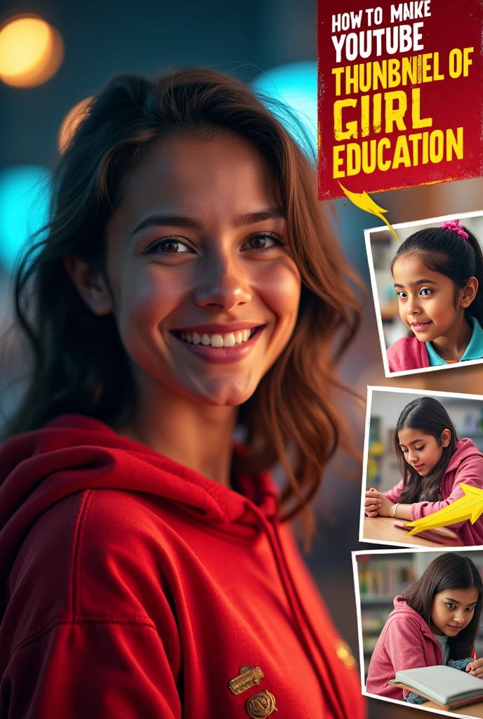 A vibrant YouTube thumbnail featuring a young woman on the left side, smiling and wearing a red hoodie. The background should have a mix of dark and warm colors, with a glowing effect around her to make her stand out. On the right side, include a collage of images related to the theme 'Importance of Girl Education.' The central image should be of a young girl, looking thoughtful and hopeful, with additional smaller images around it showing girls studying. The text 'HOW TO MAKE YOUTUBE THUMBNAIL LIKE THIS' should be prominent at the top in bold, white, and yellow font. The bottom text should read 'IMPORTANCE OF GIRL EDUCATION' in a striking red font. A yellow arrow should point from the woman on the left to the collage on the right