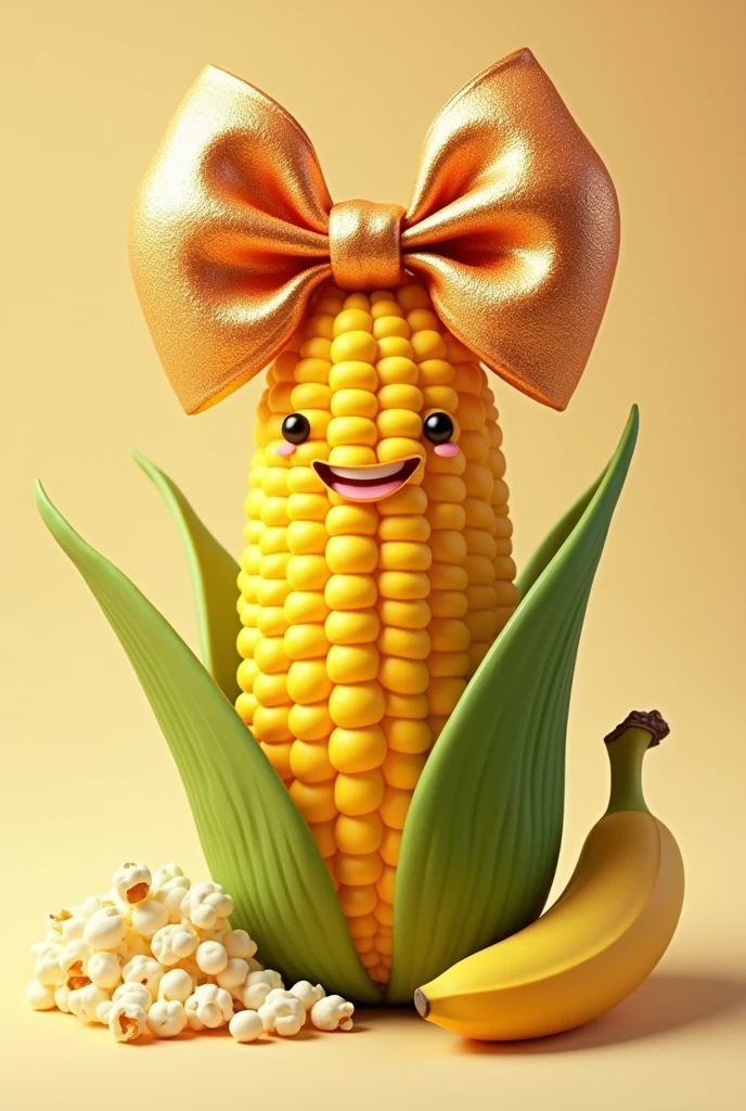 Corn with a big bow on its head, popcorn and banana