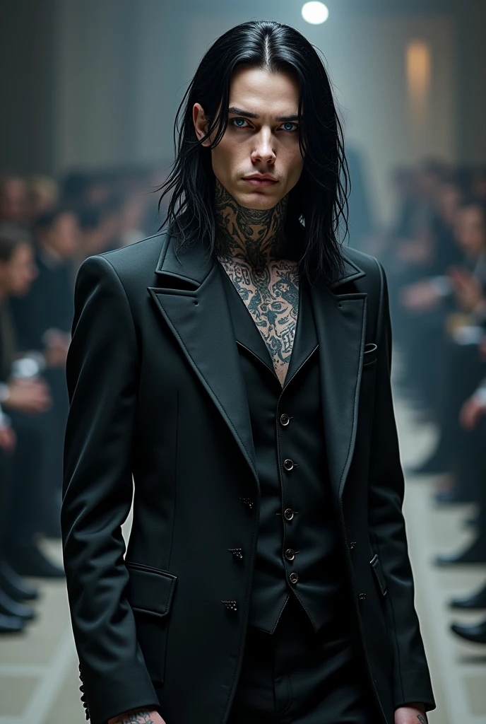 ((a man of 30, tatuados, very long black hair, wearing gothic victorian clothes, with blue eyes, similar to Andy Black from the band Black veil Brides)),((hyperheal)) posing like a model, ((no tattoo on face)). ((Full body at a fashion show in Milan)).