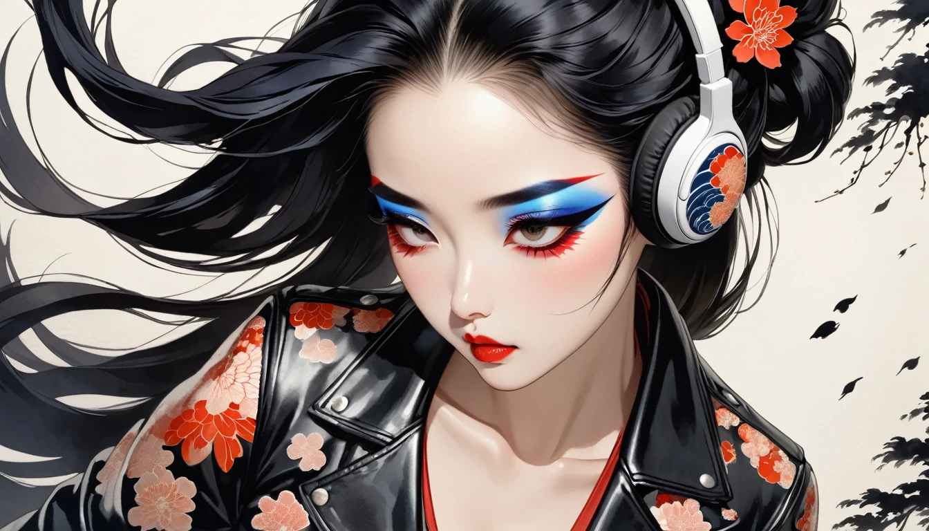 (((Ink Painting))), (((from above))), (((1 female))), (((Leather jacket with Japanese patterns))), (((long hair))), (((Very flashy makeup))), Japanese style headphones, face close-up, front view, Japanese beautiful girl, Black Hair, Delicate and precise, Modern ukiyo-e style,Japan, Droopy eyes, round face, Glare, Fuller lips, vivid color
