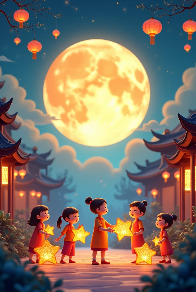 create 3d avatar illustration for the Mid-Autumn Festival Viet Nam. including details of star lanterns, children playing and a big moon. The main color tones are blue and yellow