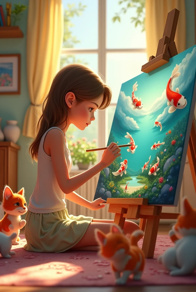 3d pixar style animation, 18 year old girl, artist, white skin, light brown hair, painting a landscape on a canvas, surrounded by kittens in the room, with an aquarium with koi