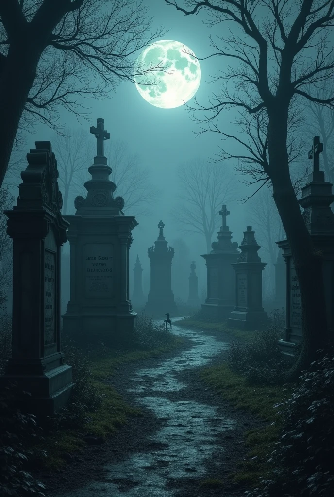 Old Cemetery**: An eerie old cemetery with ancient gravestones and a full moon.