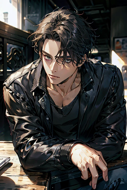 (Best Quality,4k,8k,high resolution,Masterpiece:1.2),ultra detailed,(realist,photorealist,photo-realist:1.37),1 man,31 years,mature man,muscular,square jaw,very handsome,without expresion,short gray black hair,hairstyle,Blue eyes,glare,perfect face without mistakes,imposing posture,collar jacket,leather jacket,dark background,cinematic lighting,imagen HDR