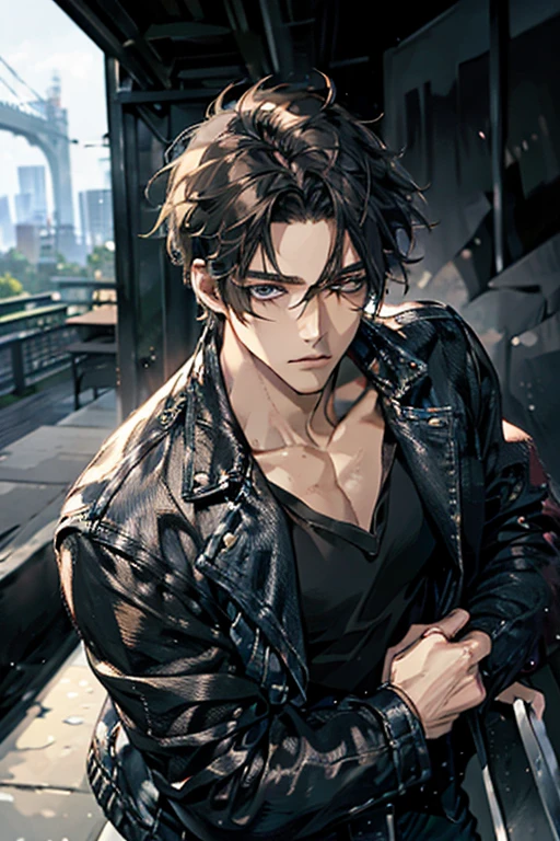 (Best Quality,4k,8k,high resolution,Masterpiece:1.2),ultra detailed,(realist,photorealist,photo-realist:1.37),1 man,31 years,mature man,muscular,square jaw,very handsome,without expresion,short gray black hair,hairstyle,Blue eyes,glare,perfect face without mistakes,imposing posture,collar jacket,leather jacket,dark background,cinematic lighting,imagen HDR