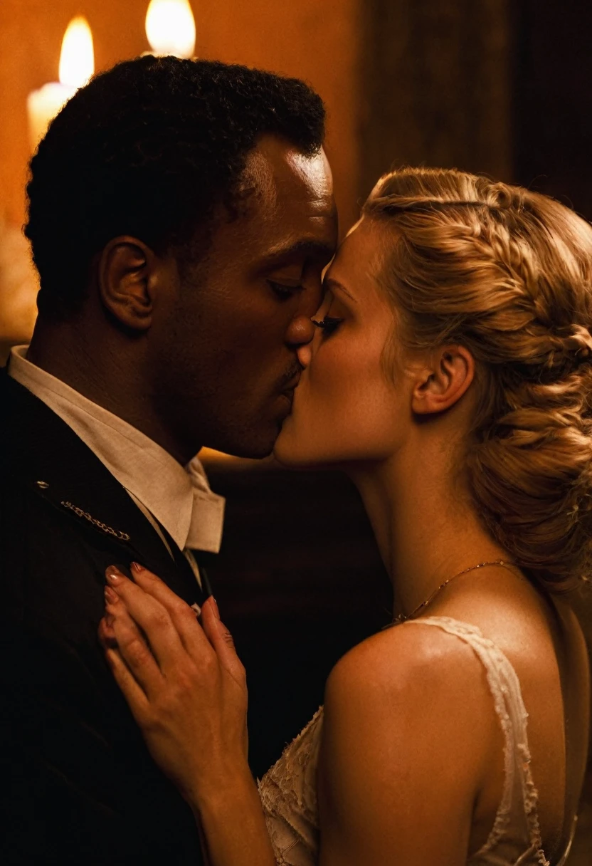 Melanie Laurent as Shoshana Dreyfus from the Quentin Tarantino film "Inglourious Basterds" and a handsome African American male share a steamy kiss inside a bedroom lit only by candlelight. Melanie has lovely makeup on her face. Nighttime. Romantic ambiance. Symmetrical eyes. Symmetrical faces. Lovely details. Photorealistic. Full-colored photo. Professional photo. Highly detailed 8K.