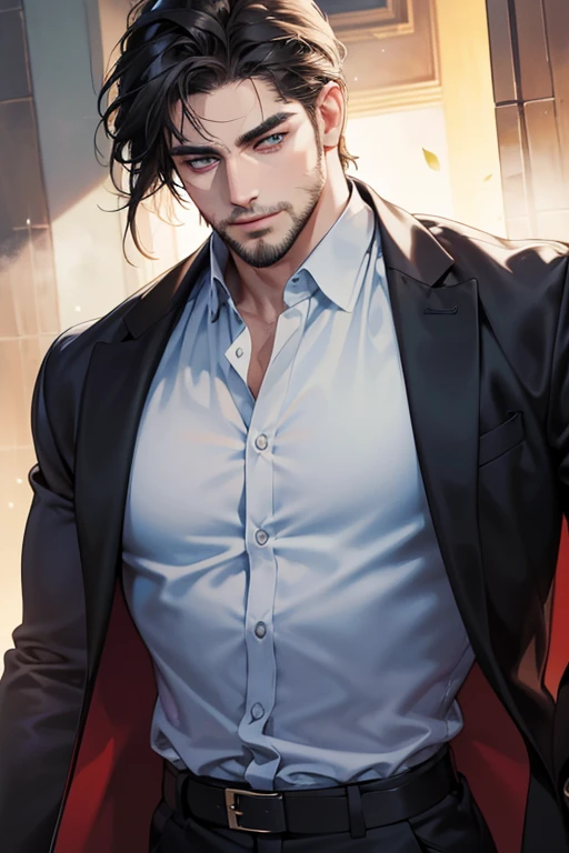 (best quality,4k,8k,highres,masterpiece:1.2),ultra-detailed,(realistic,photorealistic,photo-realistic:1.37),30 year old man,3 day beard,handsome anime,portraits,strong,masculine,dark hair,sharp jawline,mesmerizing eyes,perfectly styled hair,cool anime outfit,confident expression,vibrant colors,dynamic lighting, CEO and expression smile in love.
