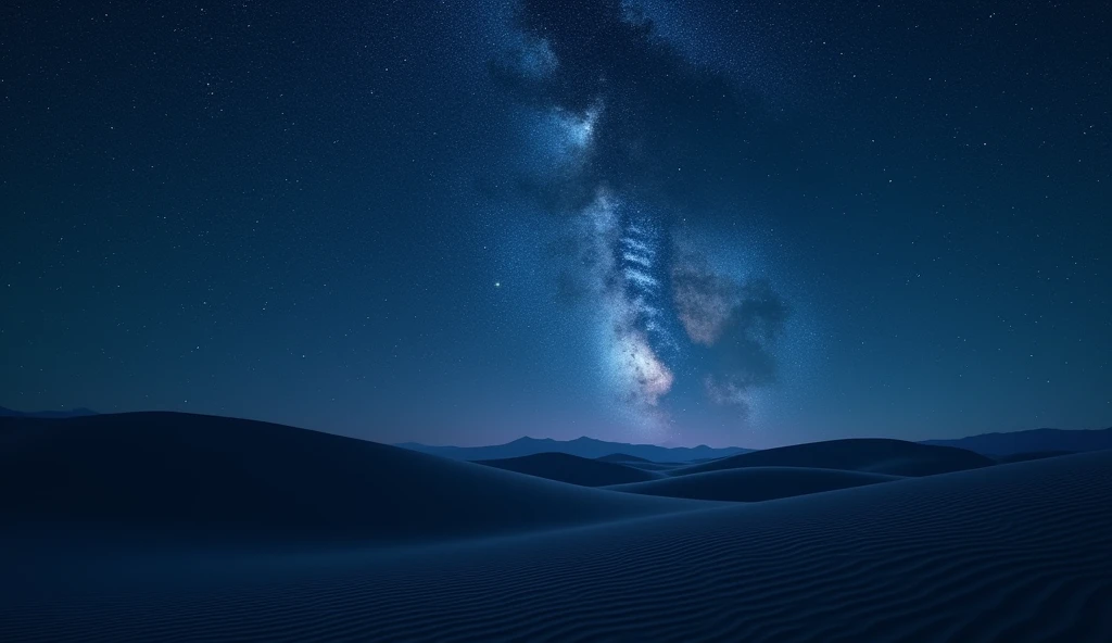 Imagine a clear night sky over a vast desert. The scene is set in a quiet, remote area with no light pollution, allowing the stars to shine brightly. The sky is a deep, velvety blue, dotted with countless twinkling stars that seem close enough to touch. The Milky Way stretches across the sky like a luminous ribbon, adding a mystical feel to the scene. The horizon is barely visible, with the desert landscape blending into the darkness, creating a sense of endless space. The atmosphere is calm and serene, with the silence of the night broken only by the occasional gentle breeze. The overall image exudes a sense of wonder and peace, capturing the vastness and beauty of the night with both a person and nature.