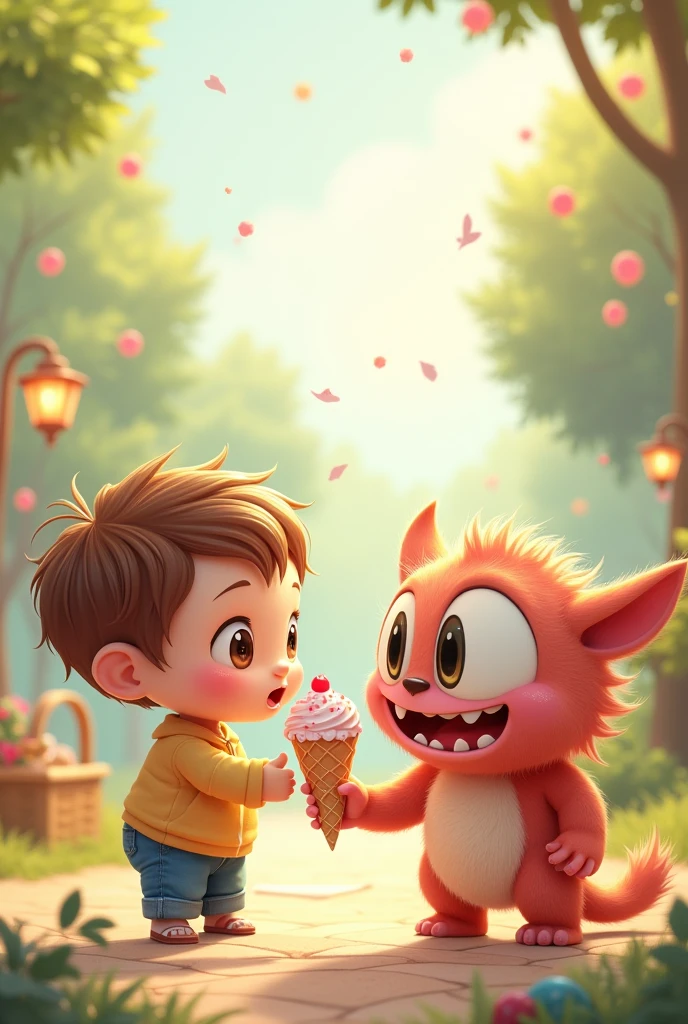 The cute little hero and the cute little monster quarreled and got angry because of ice cream