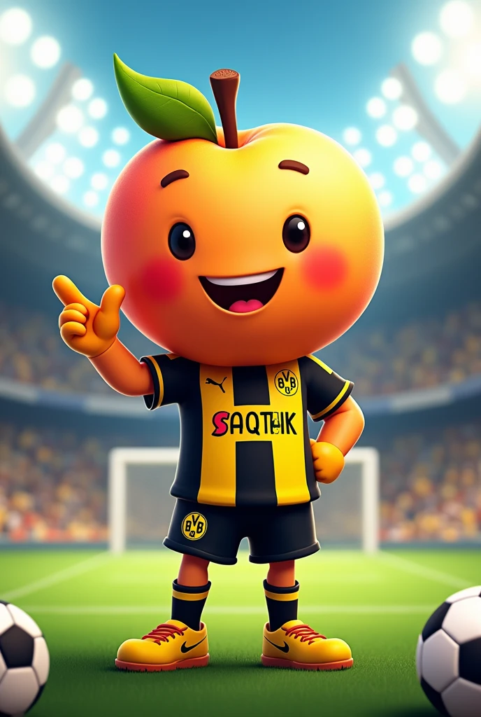 I want a mascot of a peach representing soccer with a Borussia Dortmund uniform that has the word SAQ TIK on the shirt