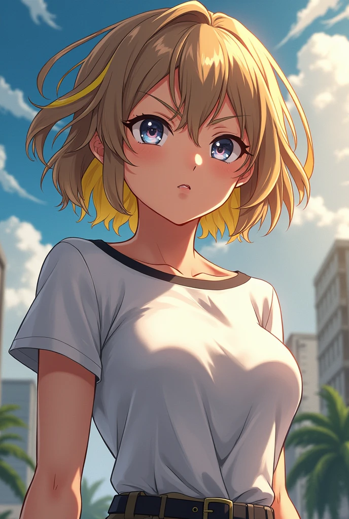 You can create a female character in the style of My hero academia, female sex and light brown skin Characteristics: slanted eyes and serious look, brown hair with yellow streaks, short and wavy, that he wears a white shirt