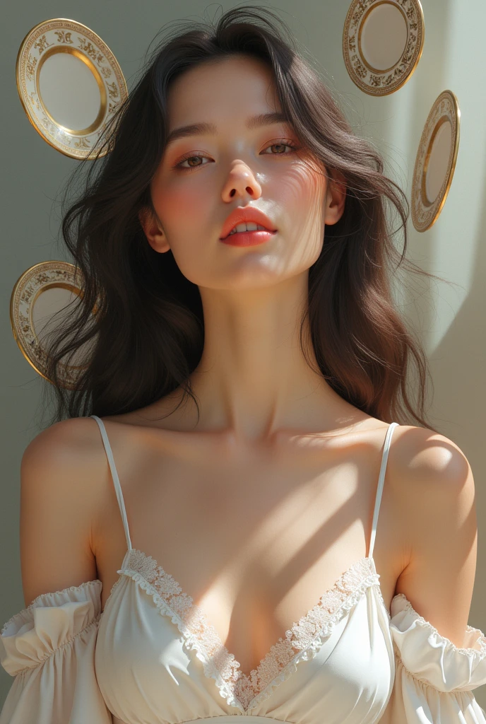 Create for me an image of a perfect me for my.wallpaper, with several details to be aesthetic, she with long hair and plates
