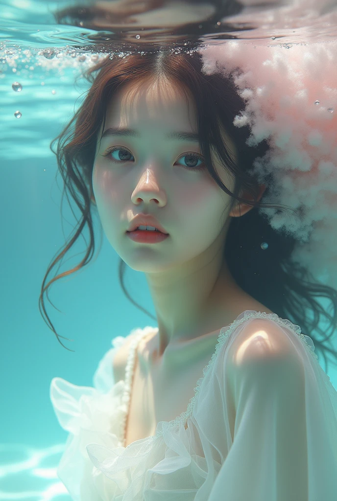 A beautiful korean young girl wearing white spaghetti strap transparent night gown, she is swimming in water while her lower body is submerged in it and out of view. Only revealing her Upper Body, her arms are raised above her head. underwater photo, slightly bubbles. Detailed hair, detailed beautiful face, detailed beautiful grey eyes.
The individual is adorned with a voluminous, flowing mane of hair that resembles a cloud or smoke, blending soft pink and white hues