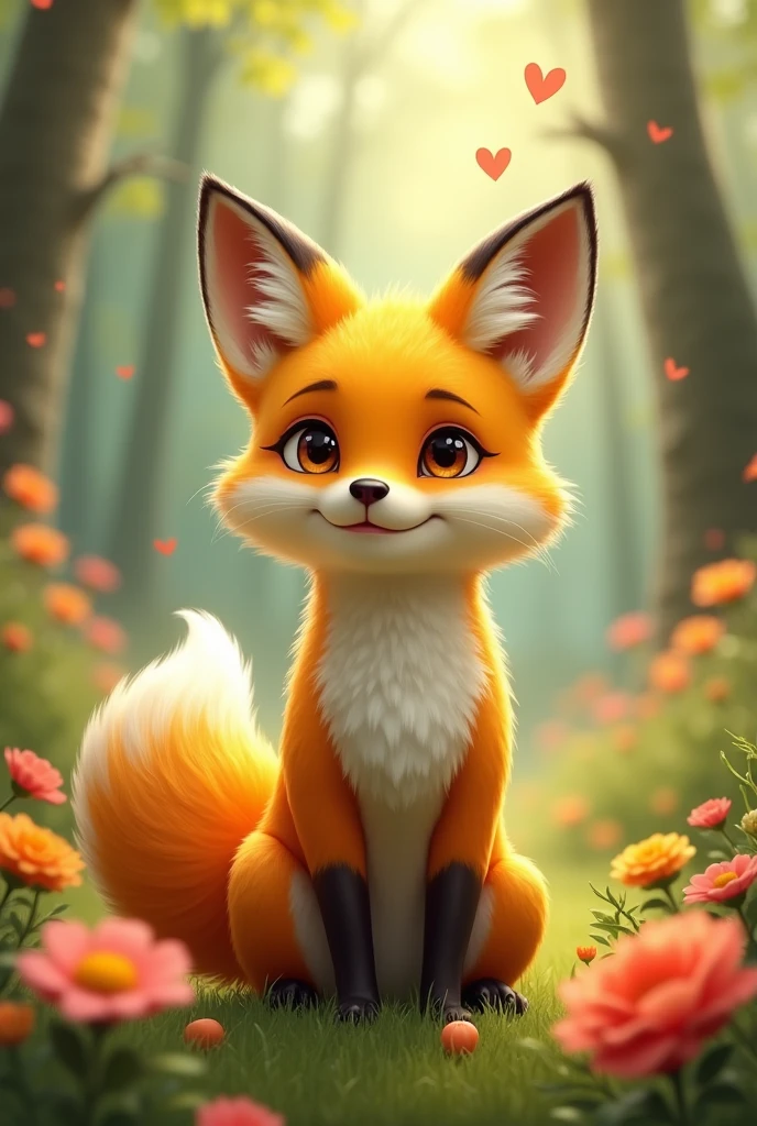 A yellow female fox who wants to fall in love,Stand up,,Cute realistic style,Surrounded by love,Background forest garden,Pictures of love appearing in my head