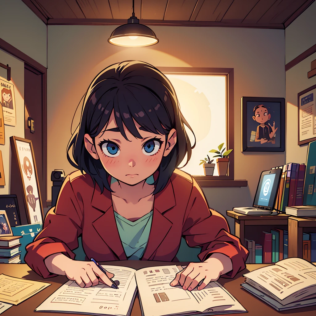 lo-fi study sessions, girl studying at desk, laptop, books, cozy room, soft lighting, warm colors, relaxed atmosphere, detailed face, beautiful eyes, aesthetic, calming, digital painting, vibrant colors, dynamic composition, cinematic lighting, photorealistic, highly detailed, masterpiece