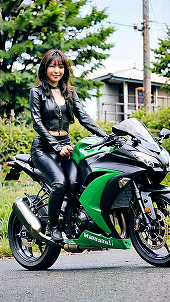 (Realistic:1.5), 8k, Ultra-high definition beauty, Japanese beautiful girl、15-year-old junior high school student, (a sunny day:1.5),Upper body naked、Sexy, open-chested riding suit、Very beautiful and small breasts、 (Highest quality: 1.0), (Ultra Sharpness: 1.0),（Beautiful and delicate depiction of eyes）,Kawasaki Ninja 300、green bike、大きなバイク、((((Riding on motorcycle、Riding on motorcycle)))), at best,Full Body Shot、(((Sexy open-chested rider suit)))、smile、Completely naked