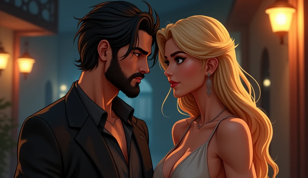 mafia couple (black hair male, blonde hair females), suiteless, shirts, cute face, 3D cartoon, masterpiece, extreme detail, cinematic lighting, 4k