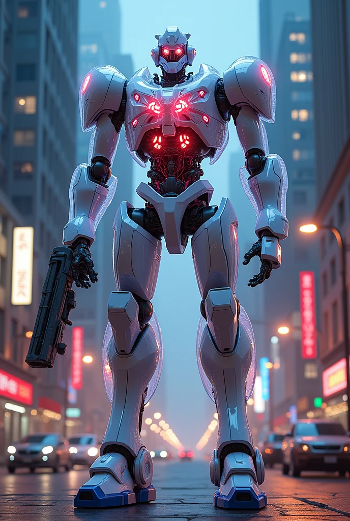masterpiece, best quality, san francisco, Stand in the middle of the city at night、 Hyperdimensional、Fluorescent filament、Beast Design、(Translucent armor, Visible internal mechanism):1.2、(White transparent base, Navy blue joints, Red internal mechanism)、(Chest wave gun、Shoulder beam launcher)、