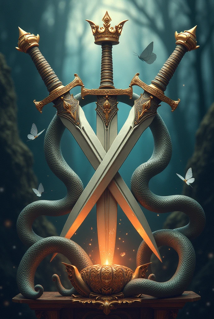 Make a fantasy book cover with daggers on it, crowns, butterflies, Snakes . where both love and chaos are represented, without showing the face of any character