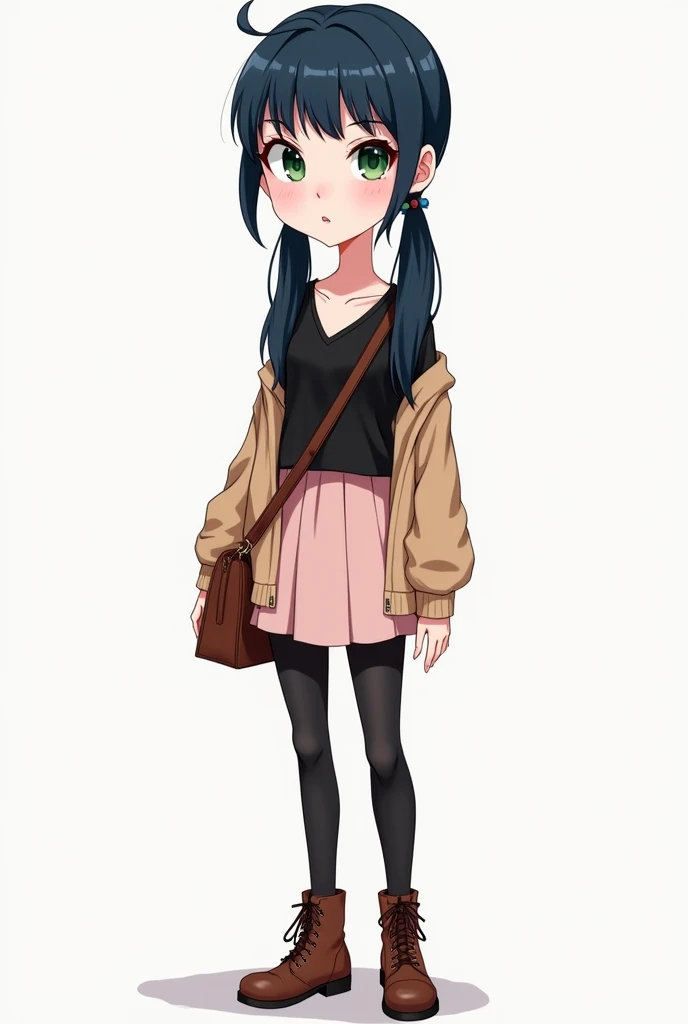 Tall teen with long navy blue hair tied in two low pigtails, green eyes, Pale skin, with a black long-sleeved v-neck t-shirt, pale pink skirt, black stockings, brown boots, a light brown cardigan sweater, brown crossbody bag, caricature style