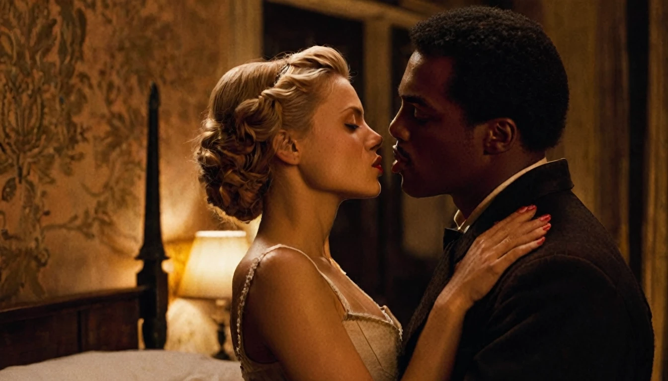 Melanie Laurent as Shoshana Dreyfus from the Quentin Tarantino film "Inglourious Basterds" and a handsome African American male share a steamy kiss inside a bedroom lit only by candlelight. Melanie has lovely makeup on her face. Nighttime. Romantic ambiance. Symmetrical eyes. Symmetrical faces. Lovely details. Photorealistic. Full-colored photo. Professional photo. Highly detailed 8K.