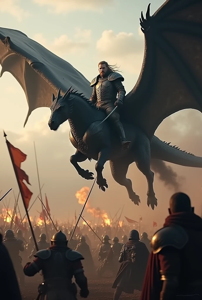 Create an image of Aegon Targaryen in battle with his dragon