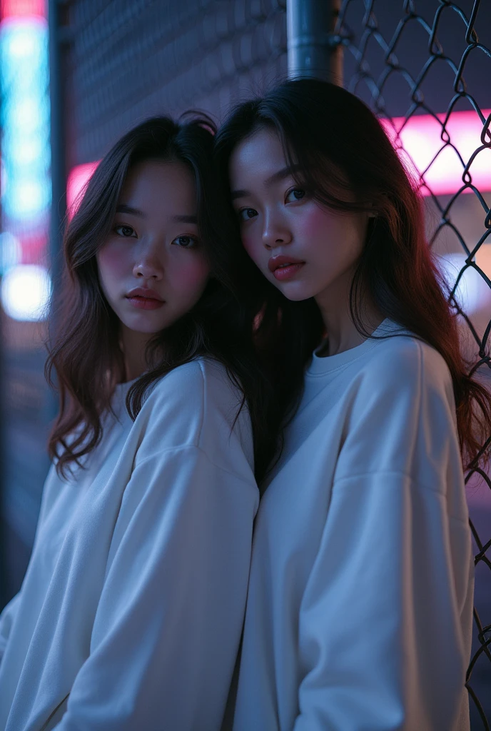 2 girl, beautiful, wavy hair, almond eyes, no make up, white sweatshirt, oversize_shirt, sweatpants, in front of fence, night city, cyberpunk vibes, close up, (photorealistic:1.2), (ultra realistic:1.3), (very detailed:1.1), ((masterpiece)),