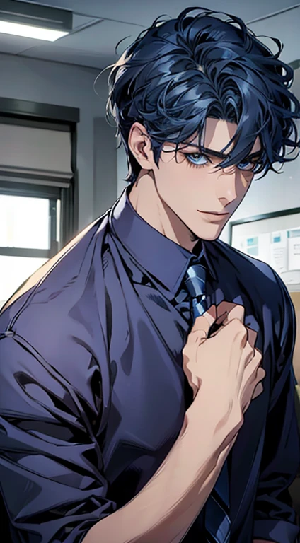(Highest quality,4K,8K,High resolution,masterpiece:1.2),Super detailed,(Realistic,photoRealistic,photo-Realistic:1.37),1 personld,Mature Men,Beautiful skin、Profile、very handsome,Expressionless,smile,Short blue hair,blue eyes,Sharp Eyes,A perfect face without a doubt,Businessman,Office Background,Cinema Lighting,HDR image,tie、